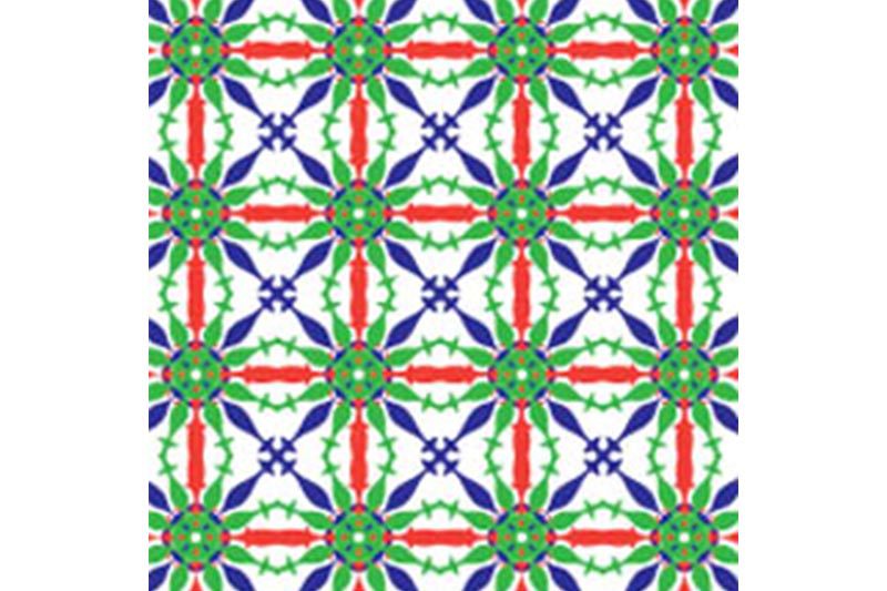 A pattern of green, blue and red flowers.