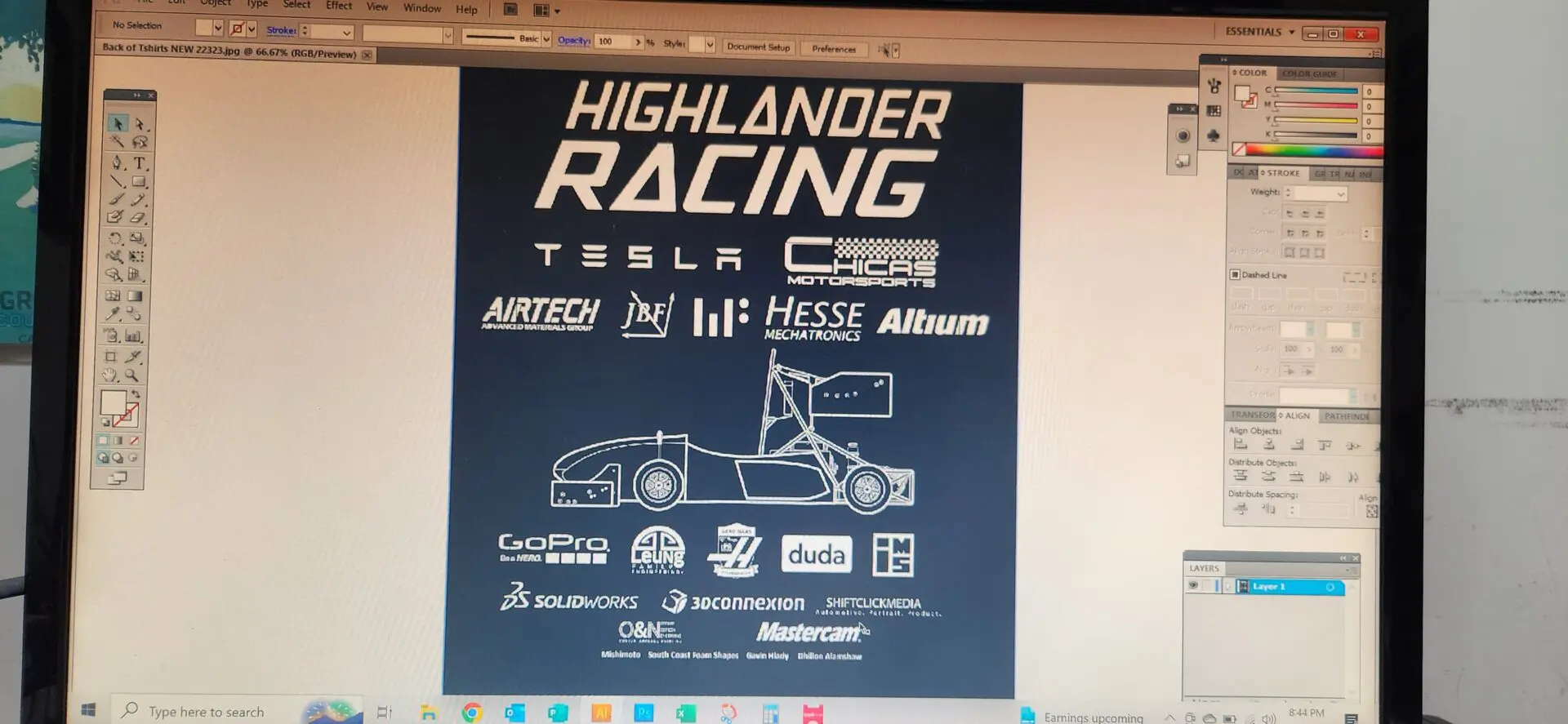 A picture of a tshirt design of highlander racing in black on the computer